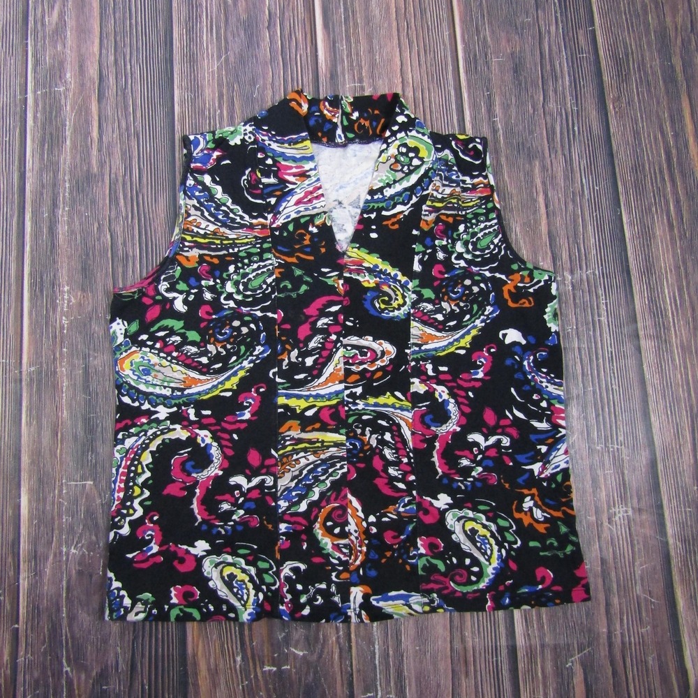 Womens Large Black Paisley Tank V-Neck‎ Polyester Blend Stretch Granny